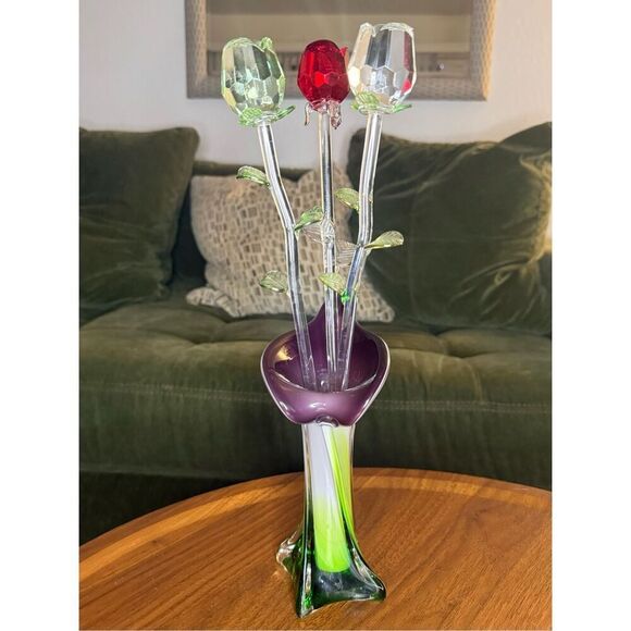 Vintage Hand Blown Glass Flower Vase & Long Stem Glass Roses Art Home Decor - Picture 1 of 8